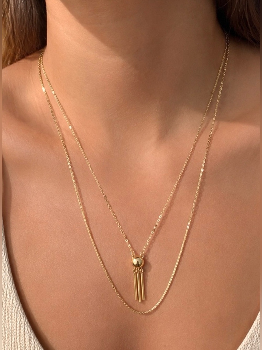 Vintage Gold Tone Double Chain Necklace Fringe Pendant Layered Retro